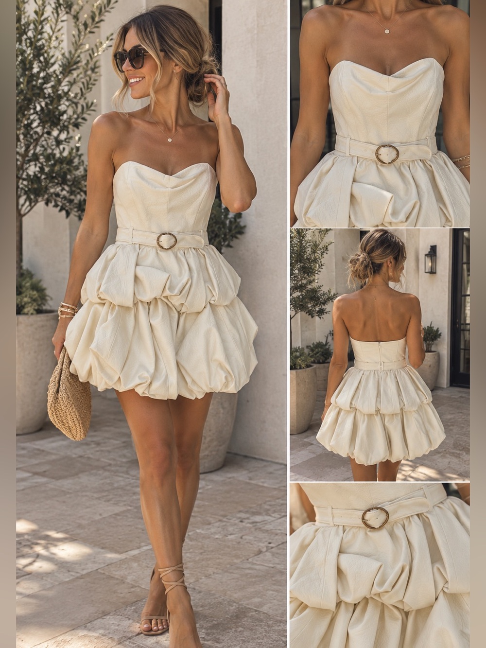 Anthropologie Ivory Strapless Bubble Mini Dress with Belt